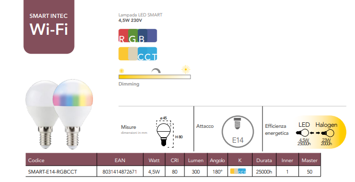 Lampadina LED SMART WIFI dimmerabile CCT RGB attacco E14 sfera 4.5W 300 lumen resa 23W 230V Lampadina LED SMART WIFI dimmerabile CCT RGB attacco E14 sfera 4.5W 300 lumen resa 23W 230V